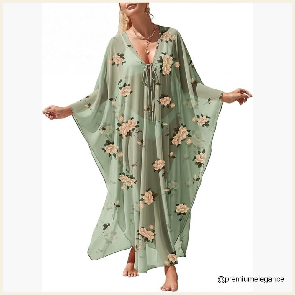Plus Size Floral Kaftan Dress Loose Fit Batwing Sleeve Beach Cover Up